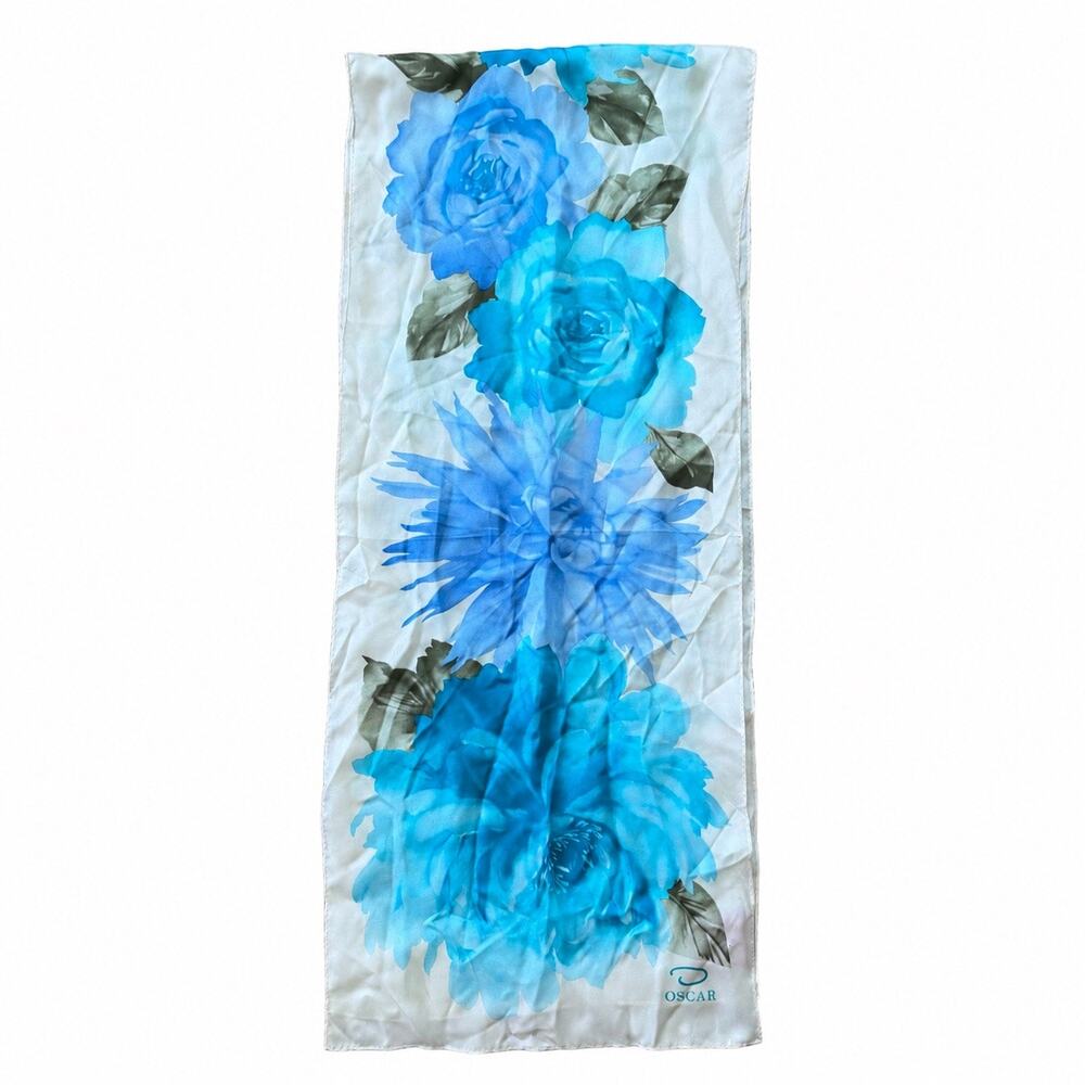 Oscar de la Renta Blue Floral Silk Scarf 52x11 Women’s Accessory